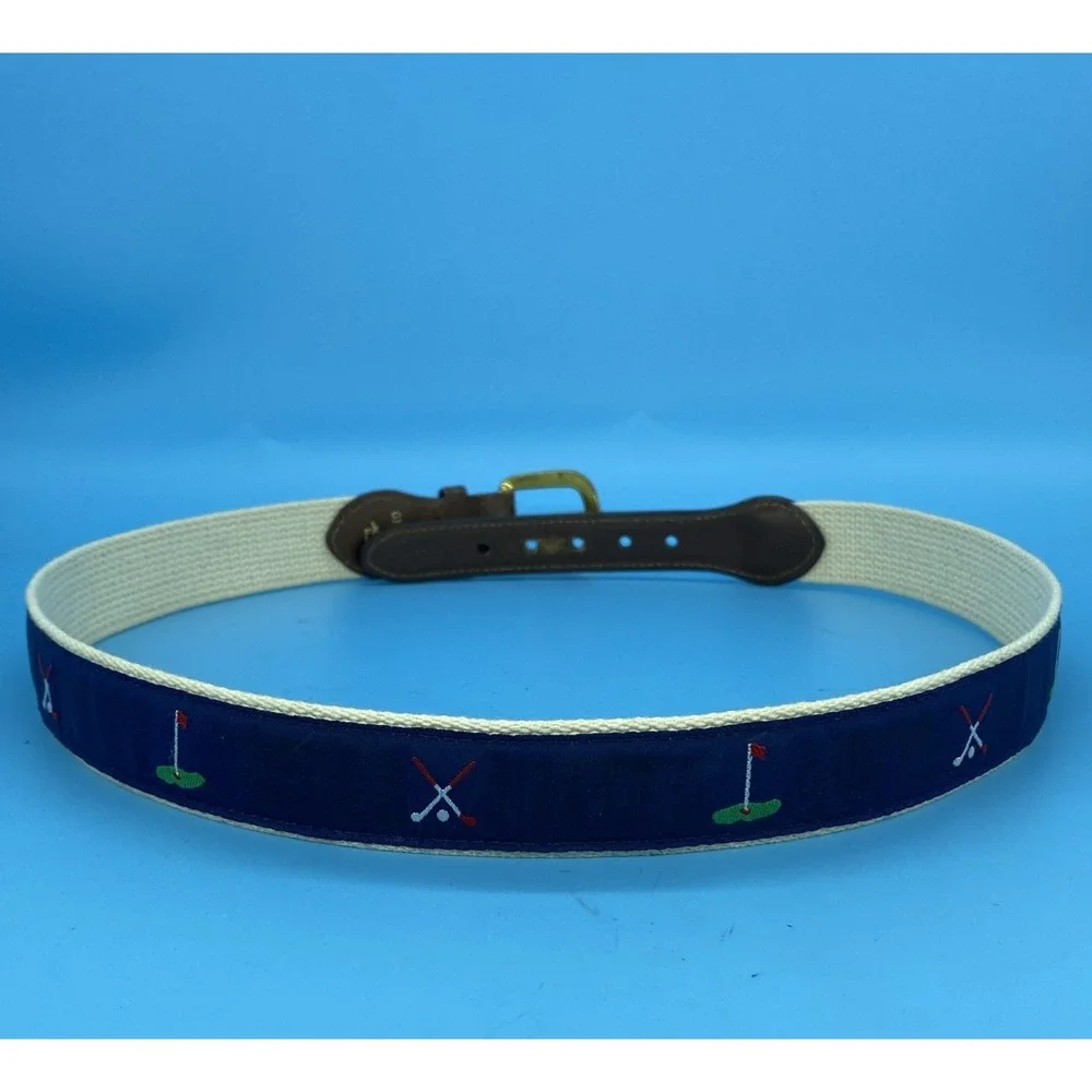 Lady Canterbury Belt Blue Golf Ribbon on White Cotton Web w/ Leather Tabs. Sz36